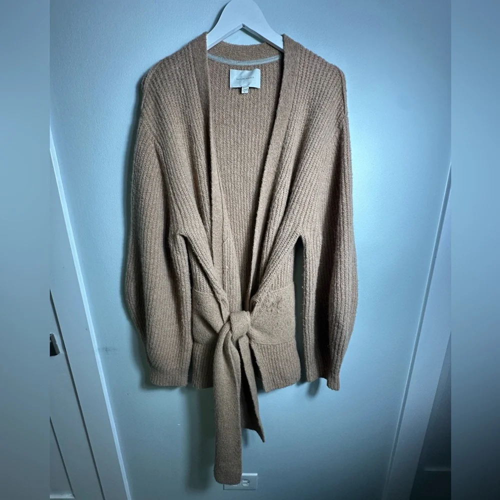Brochu Walker Wool Baby Alpaca Camel Tie Hansen Wrap Cardigan Size Large - Picture 9 of 17